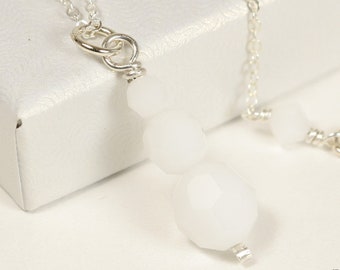 Sterling Silver White Alabaster Crystal Necklace - Wire Wrapped 3 Stone Pendant on Chain Handmade Jewelry Gifts for Women