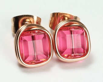 Rose Gold Pink Stud Earrings Modern Minimalist 6mm Small Indian Pink Cube Square Crystal Posts Handmade Jewelry for Women