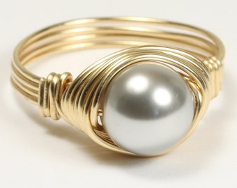 Gold Silver Pearl Ring - 14K Yellow Gold Filled Wire Wrapped Light Grey Pearl Solitaire Handmade Jewelry