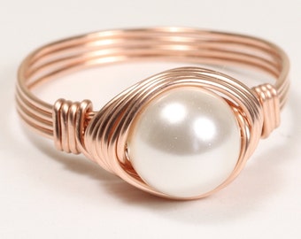 Rose Gold White Pearl Ring 8mm Round Solitaire Right Hand Ring Handmade Jewelry June Birthstone Gifts for Women