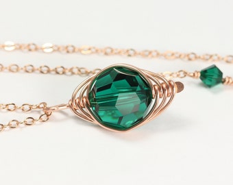 Rose Gold Emerald Green Necklace - Wire Wrapped Jewelry Handmade for Women May Birthstone Crystal Pendant Solitaire