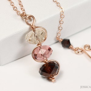 Rose Gold Pink and Brown Necklace - Wire Wrapped Dusty Blush and Mocha Crystal Pendant Jewelry for Women