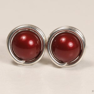 Dark Red Pearl Stud Earrings Sterling Silver or Gold Handmade Jewelry Round 6mm 8mm Ball Posts Wine Burgundy Bordeaux Maroon