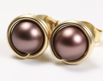 Gold Brown Pearl Stud Earrings Modern Minimalist 6mm 8mm Round Ball Posts Handmade Jewelry Gifts Yellow or Rose Gold Velvet