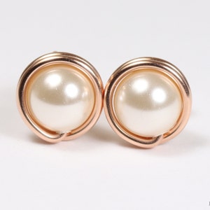 Rose Gold Blush Ivory Pearl Stud Earrings Minimalist 6mm 8mm 10mm Round Creamrose Ball Posts Handmade Bridal Jewelry Gifts