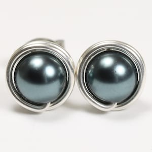 Black Tahitian Pearl Stud Earrings - Sterling Silver or Gold Filled Wire Wrapped Round Posts Handmade Jewelry Gifts for Women