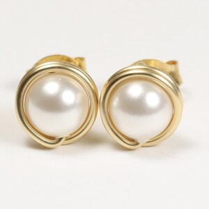 Gold White Pearl Stud Earrings, Bridal Pearl Jewelry, Wire Wrapped Small Pearl Earrings, Classic Pearl Jewelry, Gifts for Women Handmade