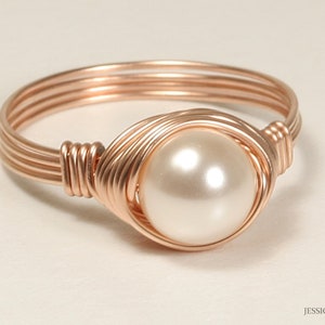 Rose Gold Blush Ivory Pearl Ring 8mm Round Creamrose Single Solitaire Right Hand Ring Handmade Jewelry Wire Wrapped Band Setting