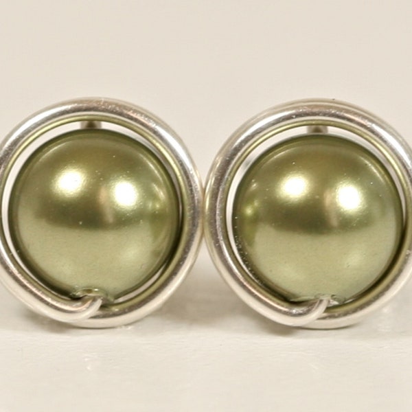 Olive Green Pearl Stud Earrings - Sterling Silver or Gold Filled Wire Wrapped Round Ball Post Handmade Jewelry