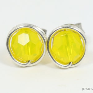 Lemon Yellow Stud Earrings Sterling Silver or Gold Filled Bright Colorful Small Round 6mm 8mm Opal Crystal Posts Handmade Jewelry