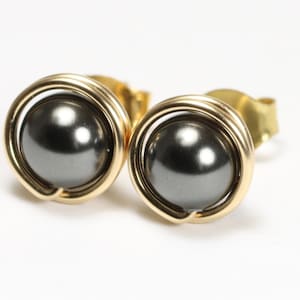 Black Pearl Stud Earrings Yellow or Rose Gold Setting 6mm 8mm Round Ball Posts Handmade Jewelry for Women Dark