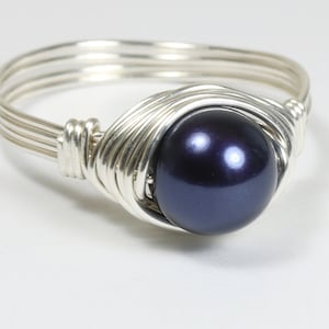 Sterling Silver Navy Blue Pearl Ring - Wire Wrapped Handmade Jewelry