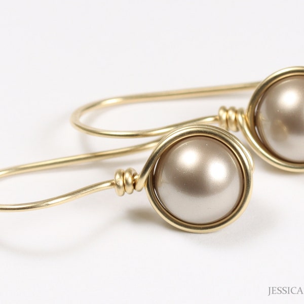 Gold Champagne Pearl Drop Earrings, 14K Yellow Gold Filled Dangle Earrings, Small Wire Wrapped Earrings, Bridal Jewelry for Women