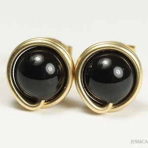 Black Pearl Stud Earrings Yellow or Rose Gold Setting 6mm 8mm 10mm Round Ball Posts Handmade Jewelry for Women Mystic