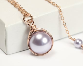 Rose Gold Lavender Pearl Necklace 10mm Round Solitaire Pendant on Fine Chain Handmade Jewelry Delicate Minimal