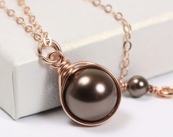 Rose Gold Dark Chocolate Brown Pearl Necklace 10mm Round Single Solitaire Pendant on Chain Handmade Jewelry for Women