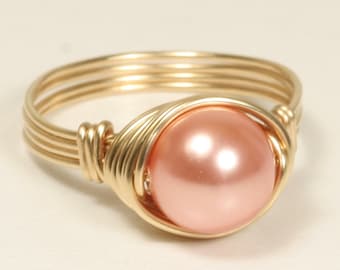Gold Peach Pearl Ring Modern Minimalist 8mm Round Single Solitaire Right Hand Ring Handmade Jewelry Fuzz Color 2024