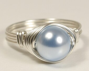 custom ring blue pearl ring star ring pearl ring silver star ring Silver wire wrap rings glass ring aesthetic ring blue ring