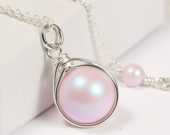 Iridescent Light Pink Pearl Necklace Sterling Silver or Gold Filled 10mm Solitaire Pendant on Chain Dreamy Rose Handmade Jewelry
