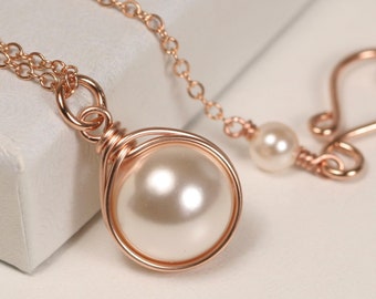 Rose Gold Ivory Pearl Necklace - 14K Gold Filled Wire Wrapped Round Creamrose Solitaire on Fine Chain Handmade Bridal Jewelry