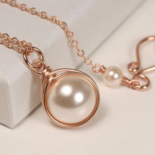 Rose Gold Ivory Pearl Necklace - 14K Gold Filled Wire Wrapped Round Creamrose Solitaire on Fine Chain Handmade Bridal Jewelry
