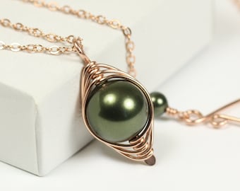 Rose Gold Dark Olive Green Pearl Necklace 10mm Round Solitaire Pendant Handmade Jewelry Wire Wrapped