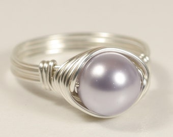 Sterling Silver Lavender Pearl Ring Classic 8mm Round Single Solitaire Right Hand Ring Handmade Jewelry Gifts