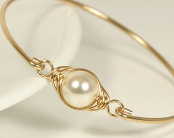 Gold Ivory Pearl Bangle Bracelet Wire Wrapped Jewelry Handmade Bracelet Gold Jewelry Cream Pearl Bracelet Bridal Pearl Bracelet