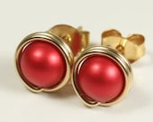 Gold Red Pearl Stud Earrings, 14K Gold Filled Earrings, Wire Wrapped Jewelry Handmade, Rouge Pearl Ball Posts, Gifts for Women