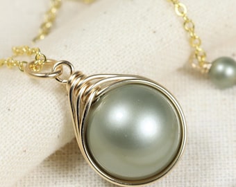 Sage Green Pearl Necklace, 14K Gold Filled Wire Wrapped 12mm Pendant Handmade Jewelry
