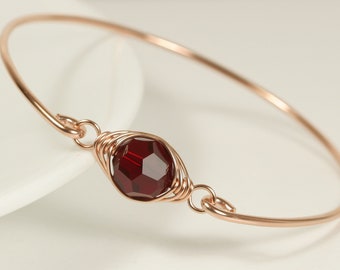 Rose Gold Garnet Red Crystal Bangle Bracelet - Rose or Yellow Gold Wire Wrapped Jewelry Handmade for Women