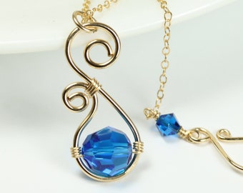 Gold Bright Blue Necklace Modern 8mm Round Faceted Capri Crystal Pendant on Chain Handmade Jewelry for Women