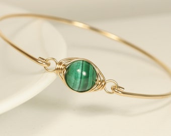 Gold Malachite Bangle Bracelet - 14K Yellow or Rose Gold Filled Wire Wrapped Green Gemstone Handmade Jewelry
