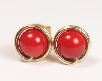 Gold Red Coral Gemstone Stud Earrings Wire Wrapped Jewelry Handmade Gold Earrings Red Coral Earrings Gold Jewelry Red Coral Jewelry