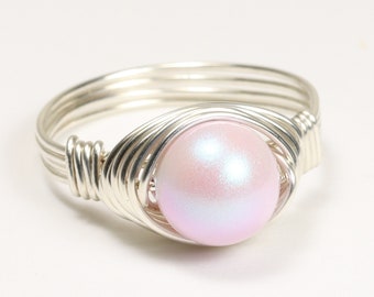 Iridescent Light Pink Pearl Ring -Sterling Silver or Gold Filled Wire Wrapped Round Dreamy Rose Solitaire Right Hand Ring Handmade