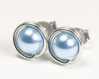 Light Blue Pearl Stud Earrings - Sterling Silver or Gold Filled Wire Wrapped Small Round Posts Handmade Bridal Jewelry Gifts for Women