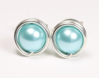 Light Blue Pearl Earrings AAA 6mm-9mm Japanese Freshwater Pearl