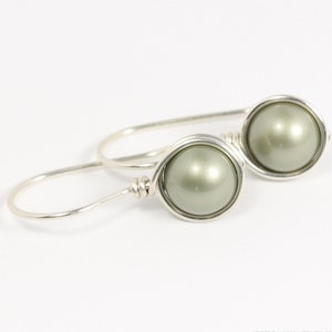 Sage Green Pearl Earrings Sterling Silver or Gold Filled Handmade Jewelry 8mm Round Ball Drops