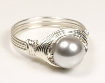 Sterling Silver Pearl Ring - Wire Wrapped Round Light Grey Pearl Solitaire Right Hand Ring Handmade Gifts for Women, Gold Filled Option