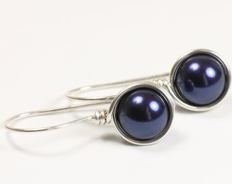 Navy Blue Pearl Earrings, Sterling Silver Earrings, Bridal Pearl Earrings, Night Blue Pearl Drop Earrings, Gifts for Women