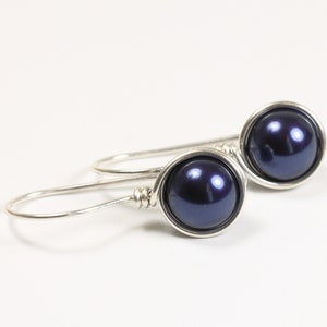 Navy Blue Pearl Earrings, Sterling Silver Earrings, Bridal Pearl Earrings, Night Blue Pearl Drop Earrings, Gifts for Women