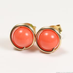 Gold Coral Gemstone Earrings Wire Wrapped Jewelry Handmade Coral Stud Earrings Gold Stud Earrings Pearl Earrings Orange Coral Earrings