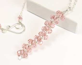 Sterling Silver Blush Pink Necklace Long Cluster Multi Crystal Beaded Pendant Handmade Jewelry Gifts for Women Light Pale