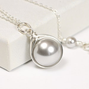 Silver Pearl Solitaire Necklace - Sterling Silver or Gold Filled Wire Wrapped Light Grey Pendant Charm on Chain Handmade Bridal Jewelry