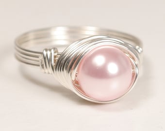 Light Pink Pearl Ring, Sterling Silver Ring, Rosaline Pearl Solitaire, Right Hand Ring, Rose Gold Ring, Gifts for Women Handmade