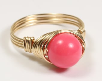 Gold Pink Coral Gemstone Ring - 14K Gold Filled Wire Wrapped 8mm Round Solitaire Right Hand Ring Handmade Jewelry