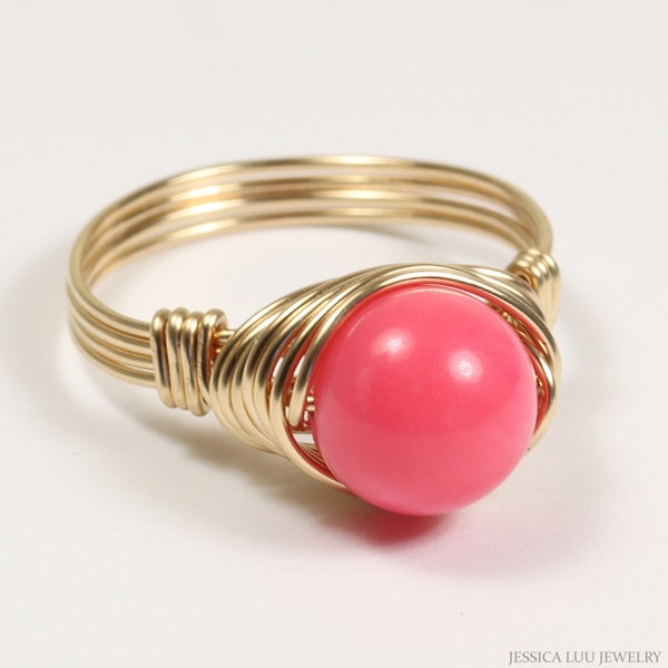 Gold Pink Coral Gemstone Ring - 14K Gold Filled Wire Wrapped 8mm Round Solitaire Right Hand Ring Handmade Jewelry