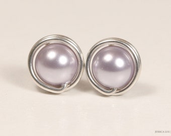Lavender Pearl Stud Earrings - Sterling Silver Wire Wrapped Small 6mm 8mm Bridal Jewelry Handmade Bridesmaids Gifts for Women and Girls