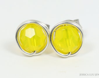 Lemon Yellow Stud Earrings Sterling Silver or Gold Filled Bright Colorful Small Round 6mm 8mm Opal Crystal Posts Handmade Jewelry
