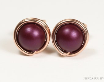 Rose Gold Purple Pearl Stud Earrings Handmade Jewelry Elderberry Color